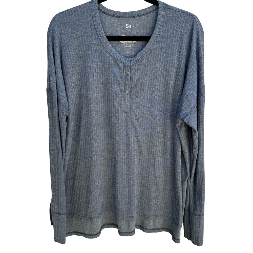 So Ribbed Henley Top‎ Minimalist Snap Button Loungewear Layering Weekend Blue L